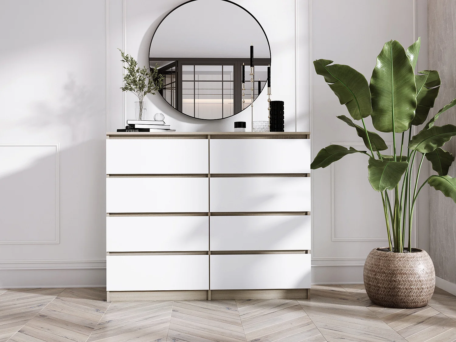 Commode 8 tiroirs : Chêne Sonoma / Blanc Mat, 120 x 101 x 39 cm