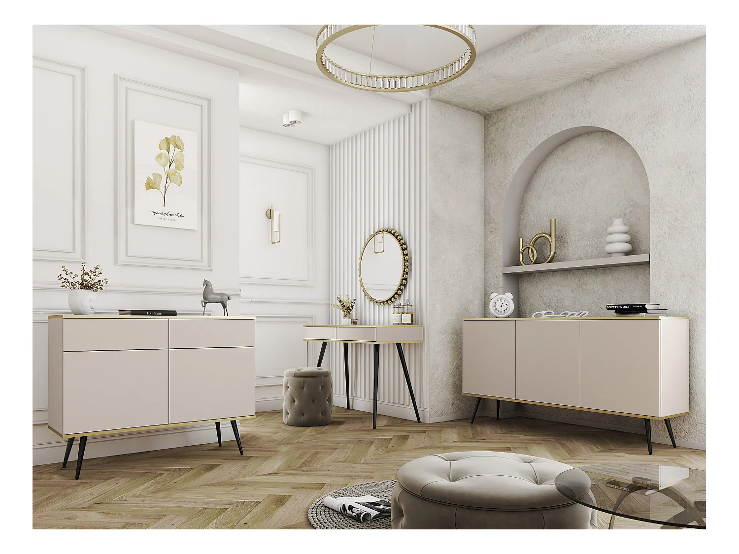 Kommode: Beige, schwarze Beine, 160 x 85 x 39 cm