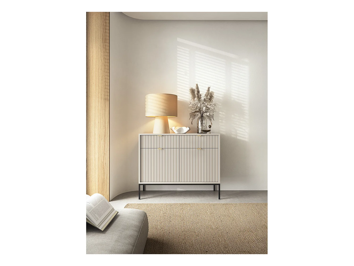 Ladekast: 2 lades, 2 deuren, kasjmier, zwart, 104 x 83 x 39 cm, gouden handgrepen