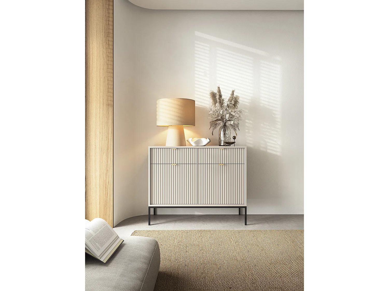 Commode : 2 Tiroirs, 2 Portes, Cachemire, Noir, 104 x 83 x 39 cm, poignées dorées