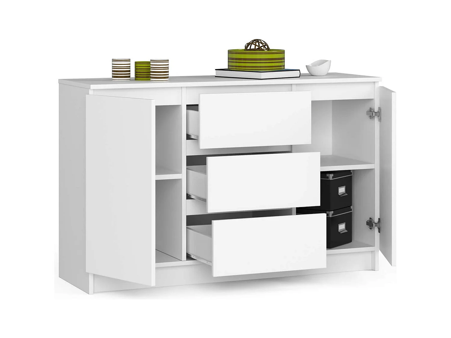 Commode : 3 tiroirs, 2 portes, 4 étagères, blanc, 120 x 77 x 40cm