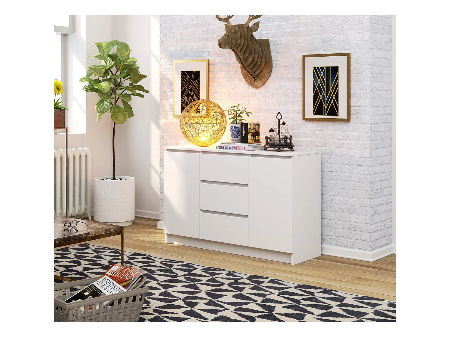 Commode : 3 tiroirs, 2 portes, 4 étagères, blanc, 120 x 77 x 40cm