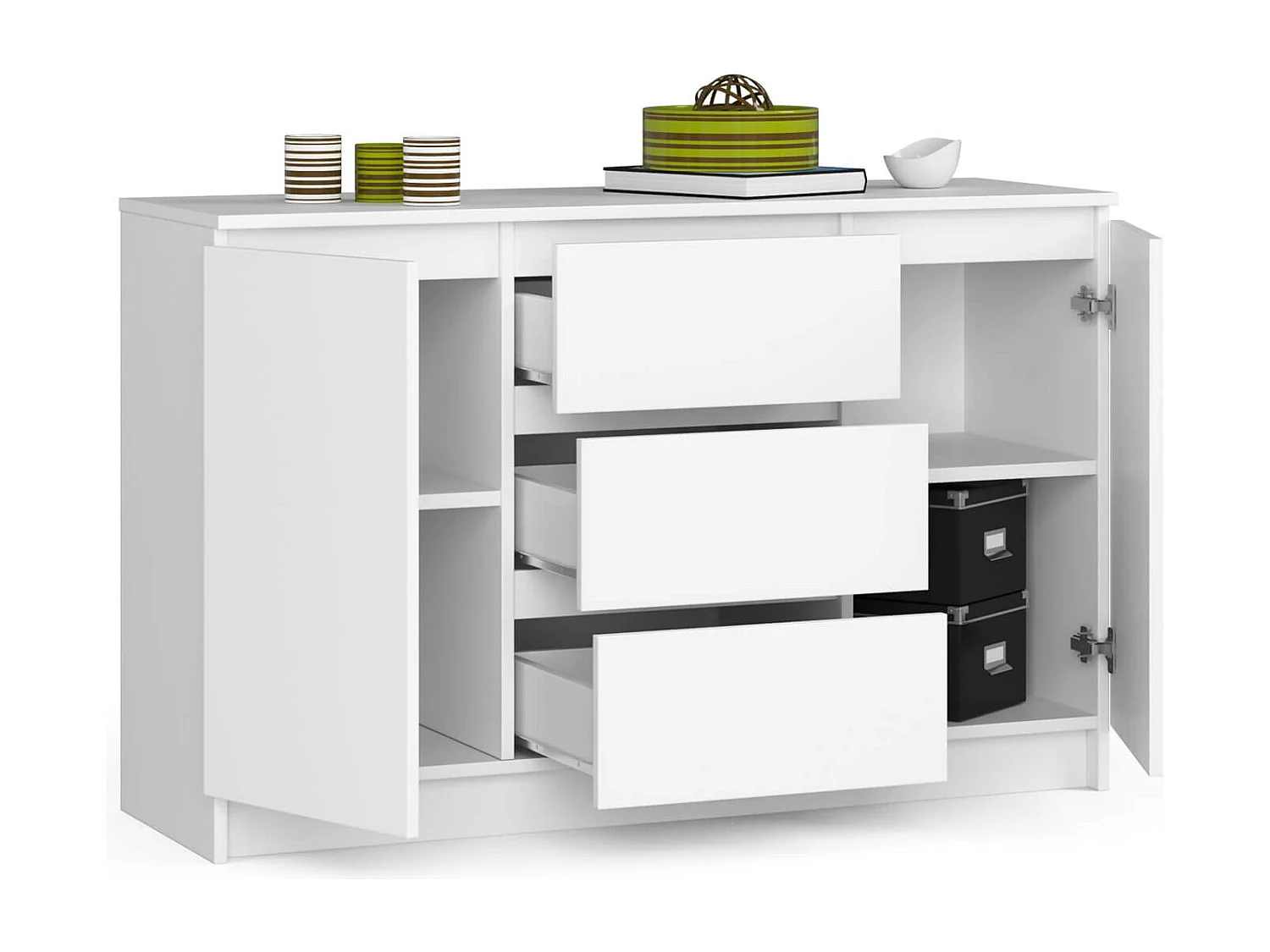 Ladekast: 3 laden, 2 deuren, 4 planken, wit, 120 x 77 x 40 cm