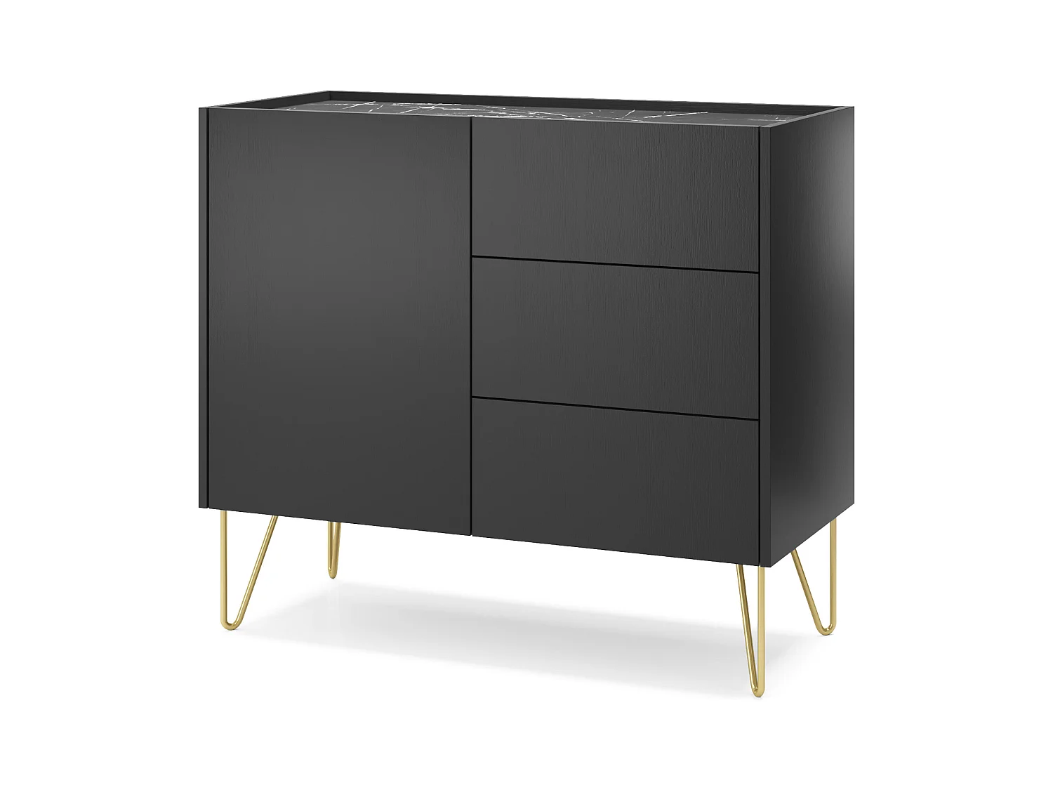 Komoda: 3 szuflady, 1 drzwi, 2 półki, grafitowo-czarny / czarny marmur, 97 x 83 x 37 cm