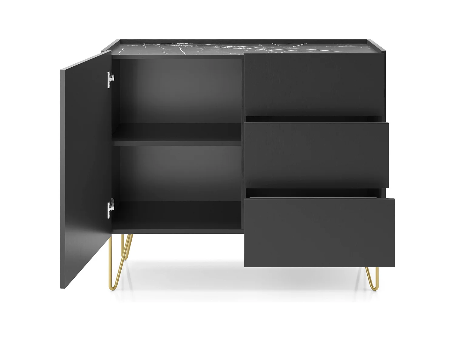 Komoda: 3 szuflady, 1 drzwi, 2 półki, grafitowo-czarny / czarny marmur, 97 x 83 x 37 cm