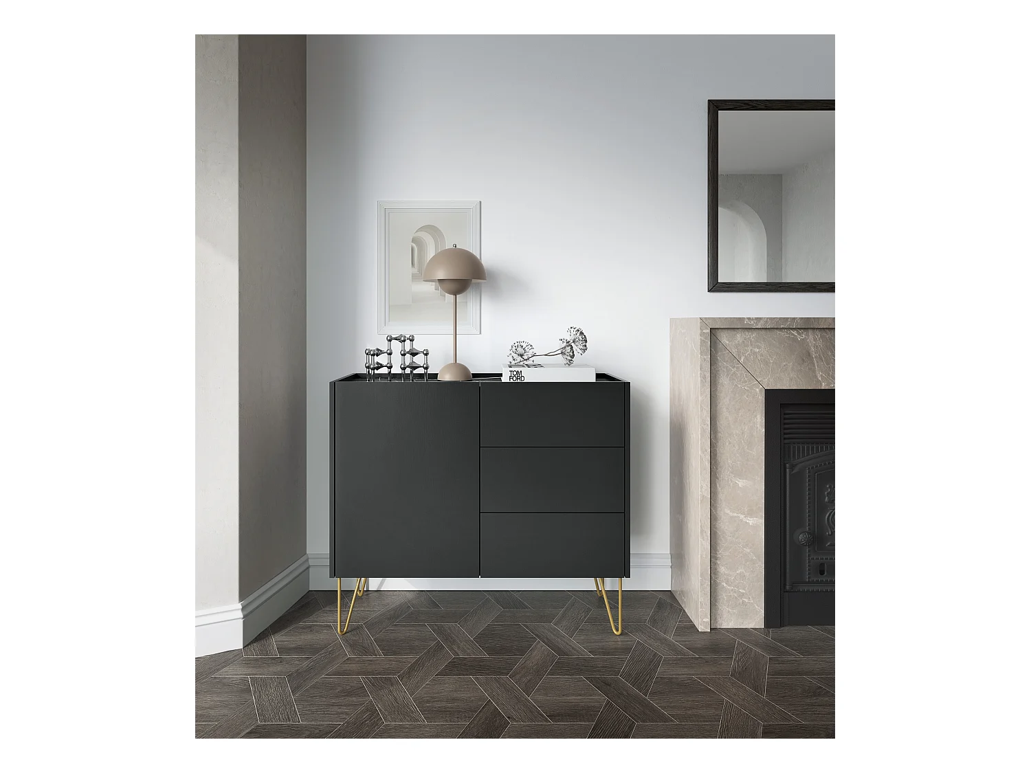 Komoda: 3 szuflady, 1 drzwi, 2 półki, grafitowo-czarny / czarny marmur, 97 x 83 x 37 cm