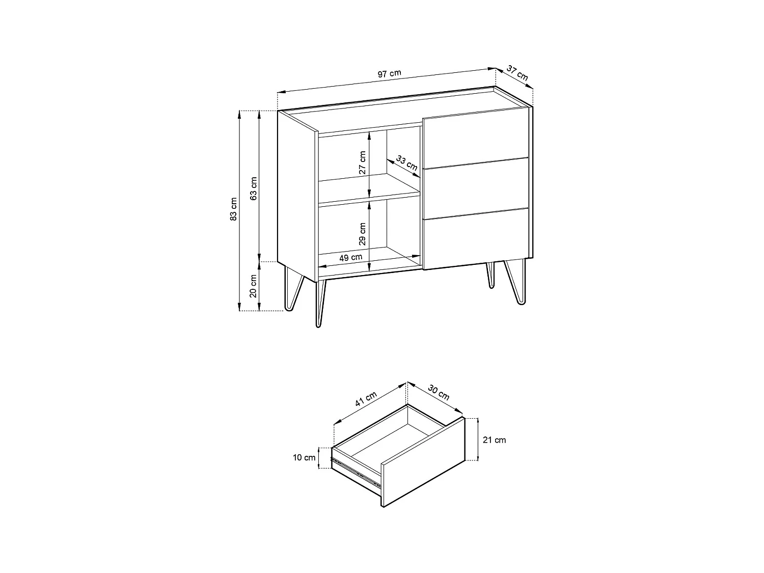 Komoda: 3 szuflady, 1 drzwi, 2 półki, grafitowo-czarny / czarny marmur, 97 x 83 x 37 cm