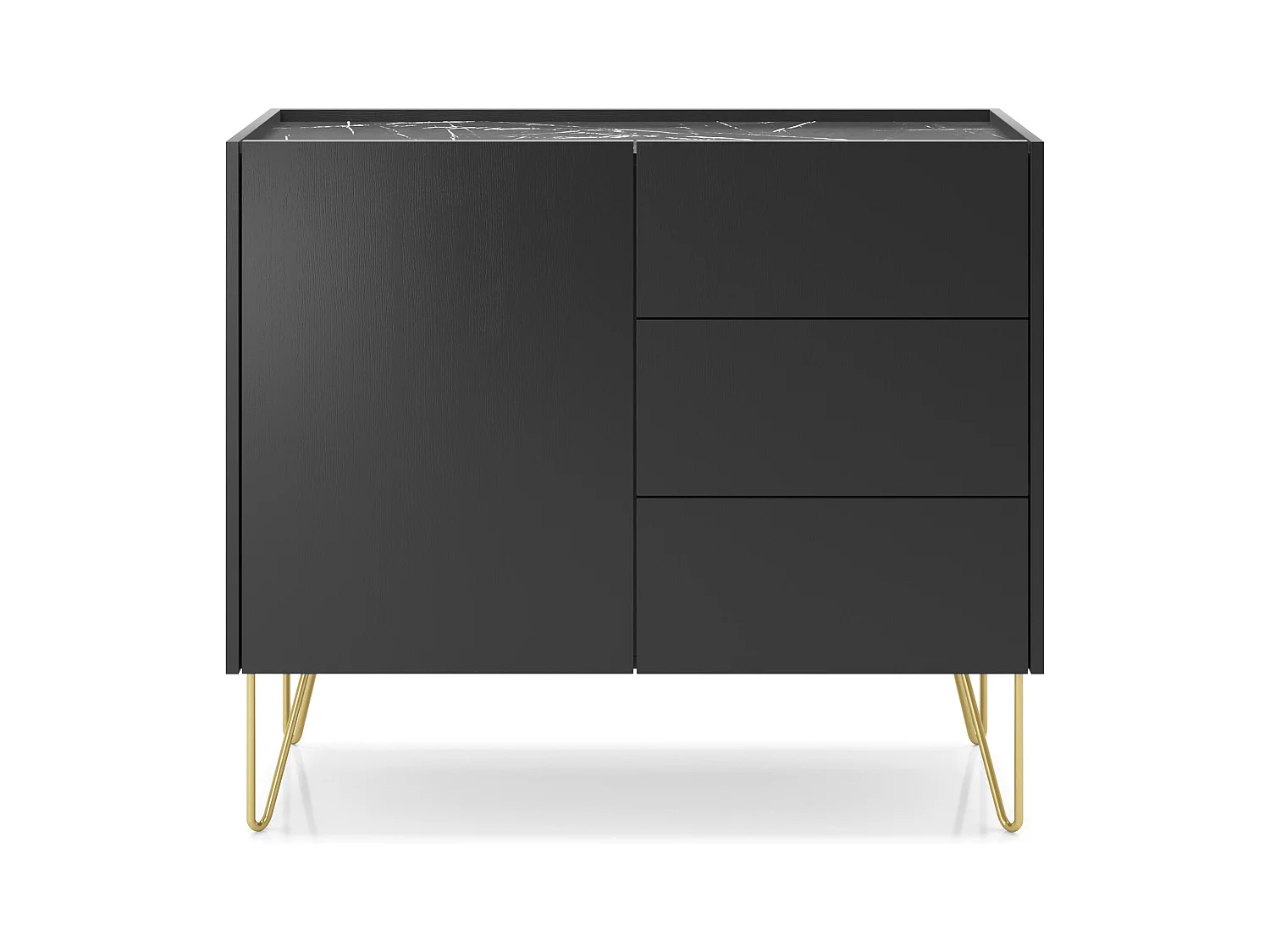 Commode : 3 tiroirs, 1 porte, 2 étagères, noir graphite / marbre noir, 97 x 83 x 37 cm