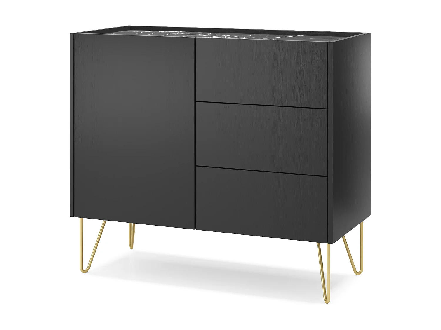 Commode : 3 tiroirs, 1 porte, 2 étagères, noir graphite / marbre noir, 97 x 83 x 37 cm