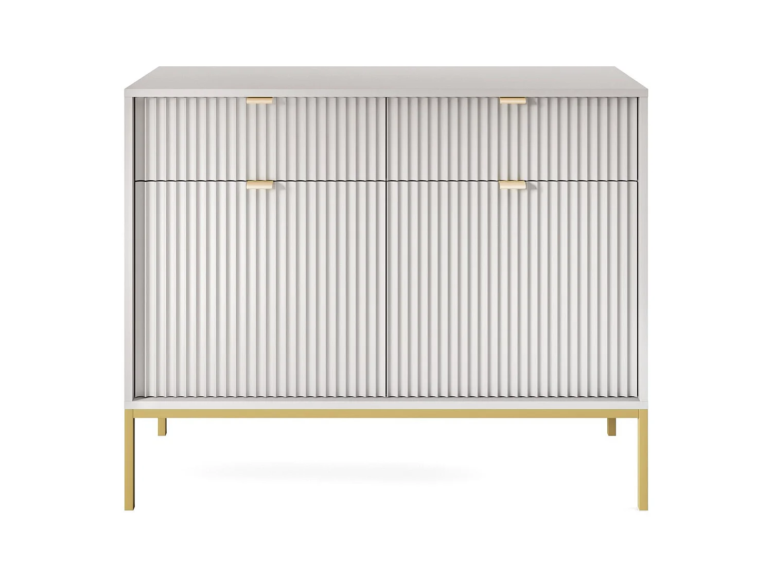Commode : 2 Tiroirs, 2 Portes, Gris, or, 104 x 83 x 39 cm, poignées dorées