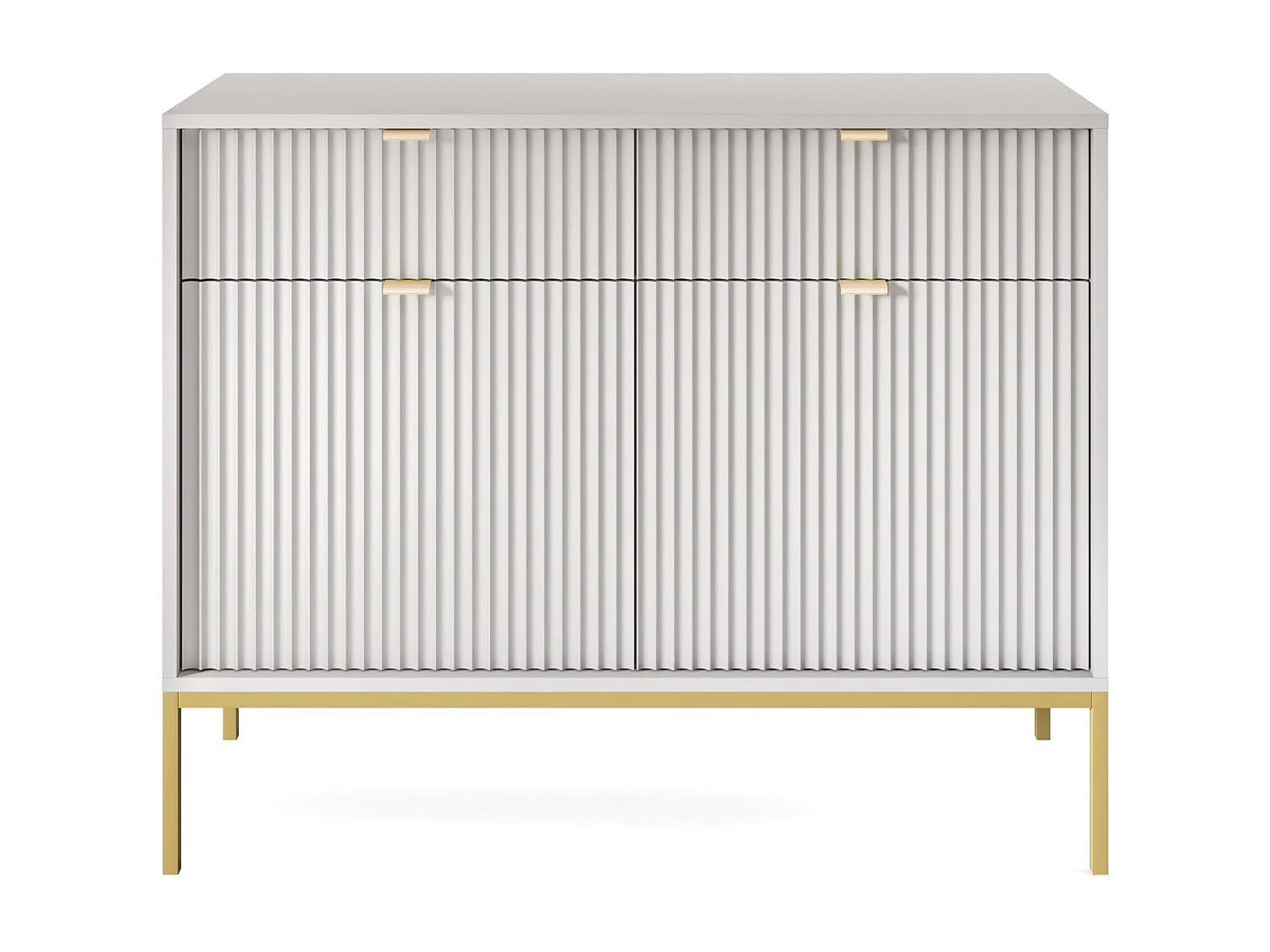 Commode : 2 Tiroirs, 2 Portes, Gris, or, 104 x 83 x 39 cm, poignées dorées