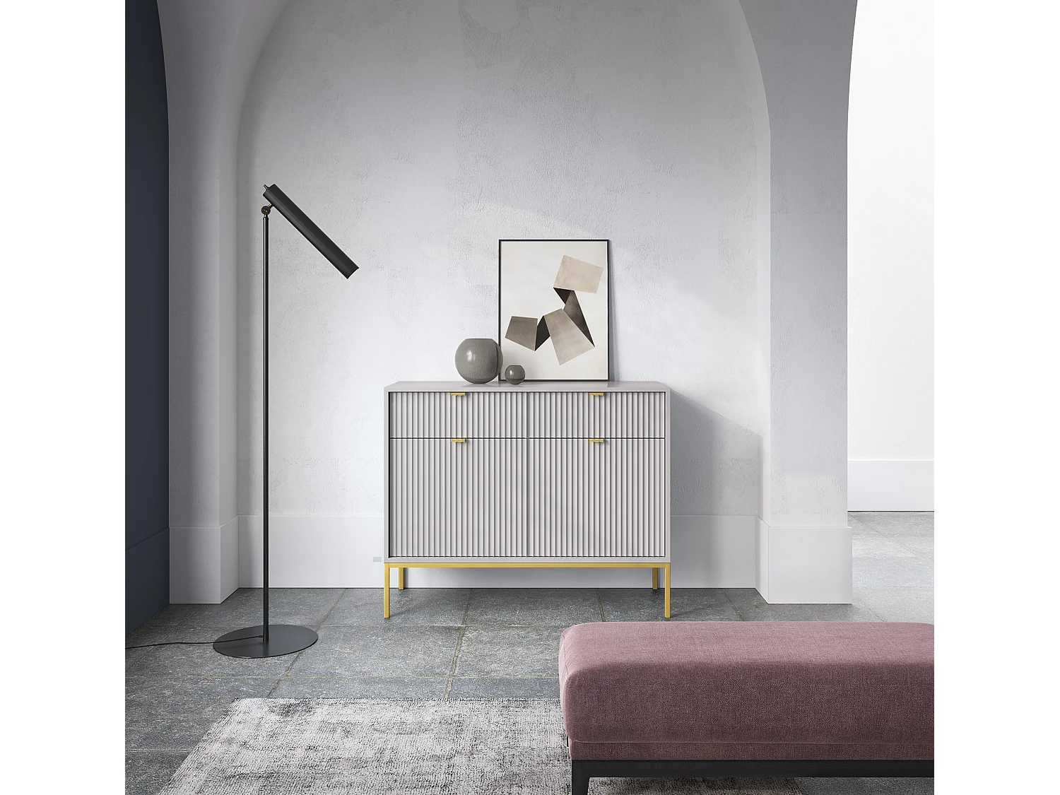 Commode : 2 Tiroirs, 2 Portes, Gris, or, 104 x 83 x 39 cm, poignées dorées