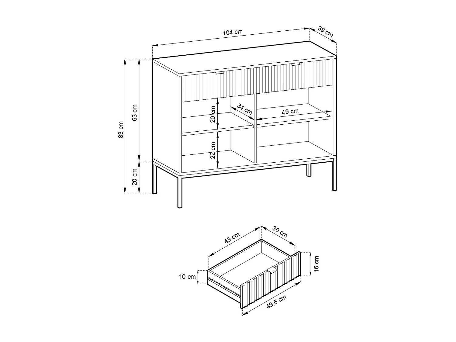 Commode : 2 Tiroirs, 2 Portes, Gris, or, 104 x 83 x 39 cm, poignées dorées