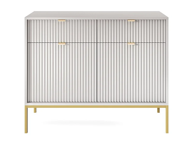 Commode : 2 Tiroirs, 2 Portes, Gris, or, 104 x 83 x 39 cm, poignées dorées