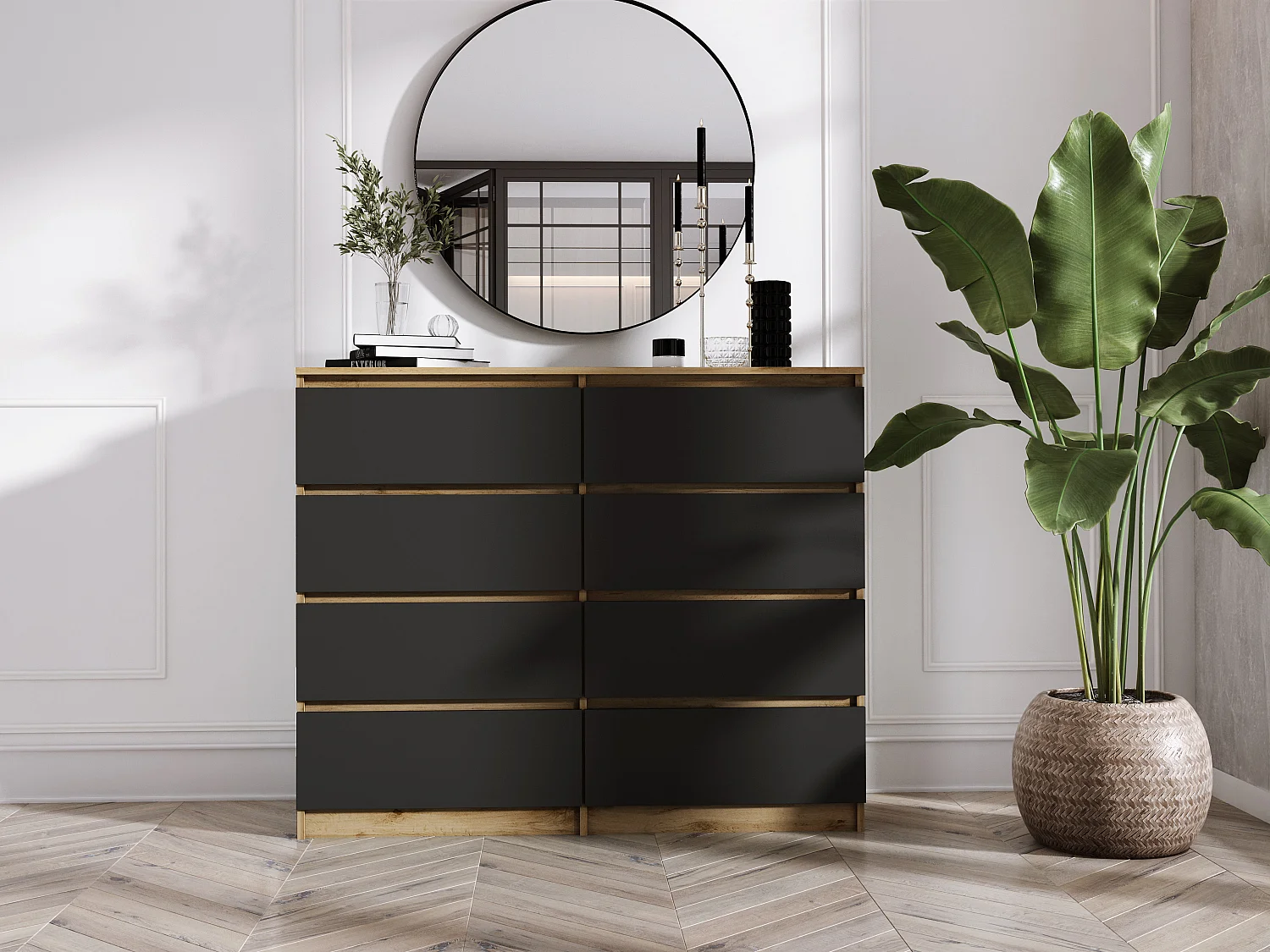 Cômoda com 8 gavetas: Carvalho Wotan / Preto, 120 x 101 x 39 cm