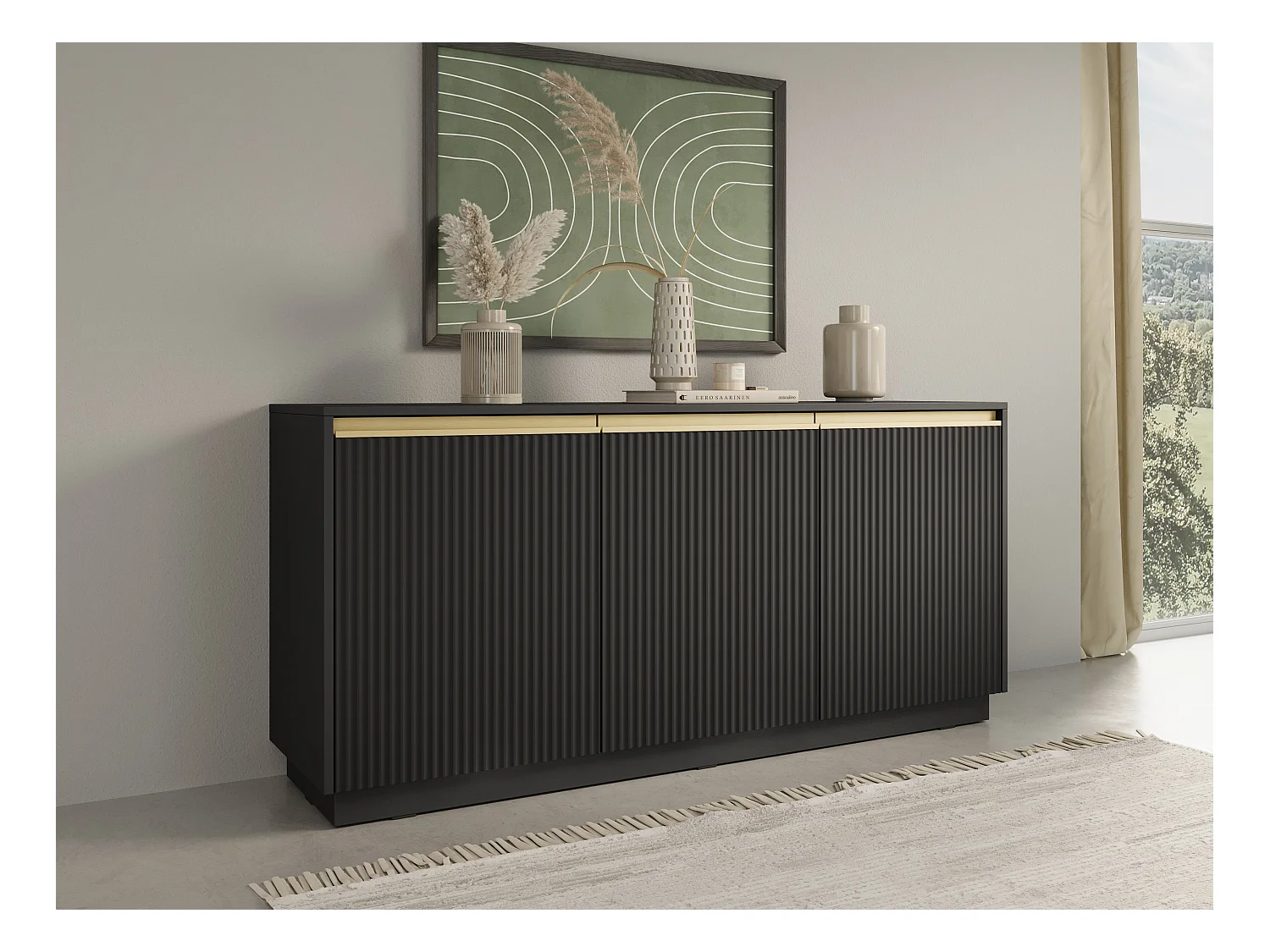 Kommode: 3 Türen, 6 Einlegeböden, Graphitschwarz, 153,4 cm x 71,6 cm x 39 cm