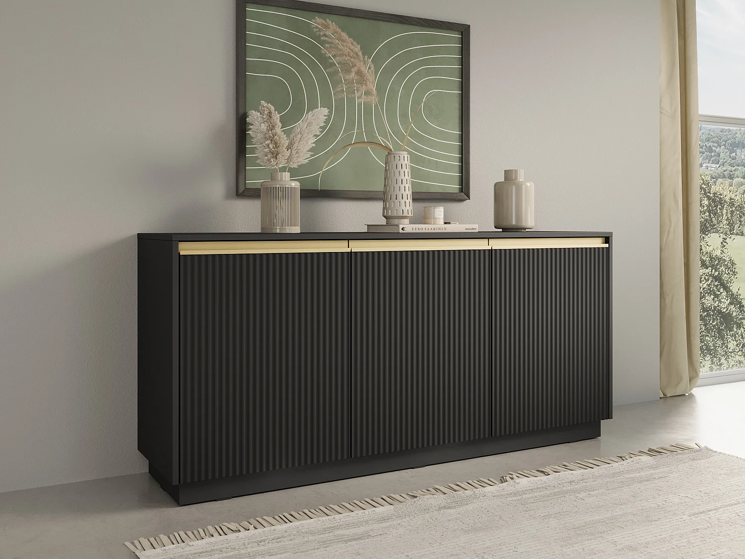 Commode : 3 portes, 6 étagères, Noir graphite, 153,4 cm x 71,6 cm x 39 cm