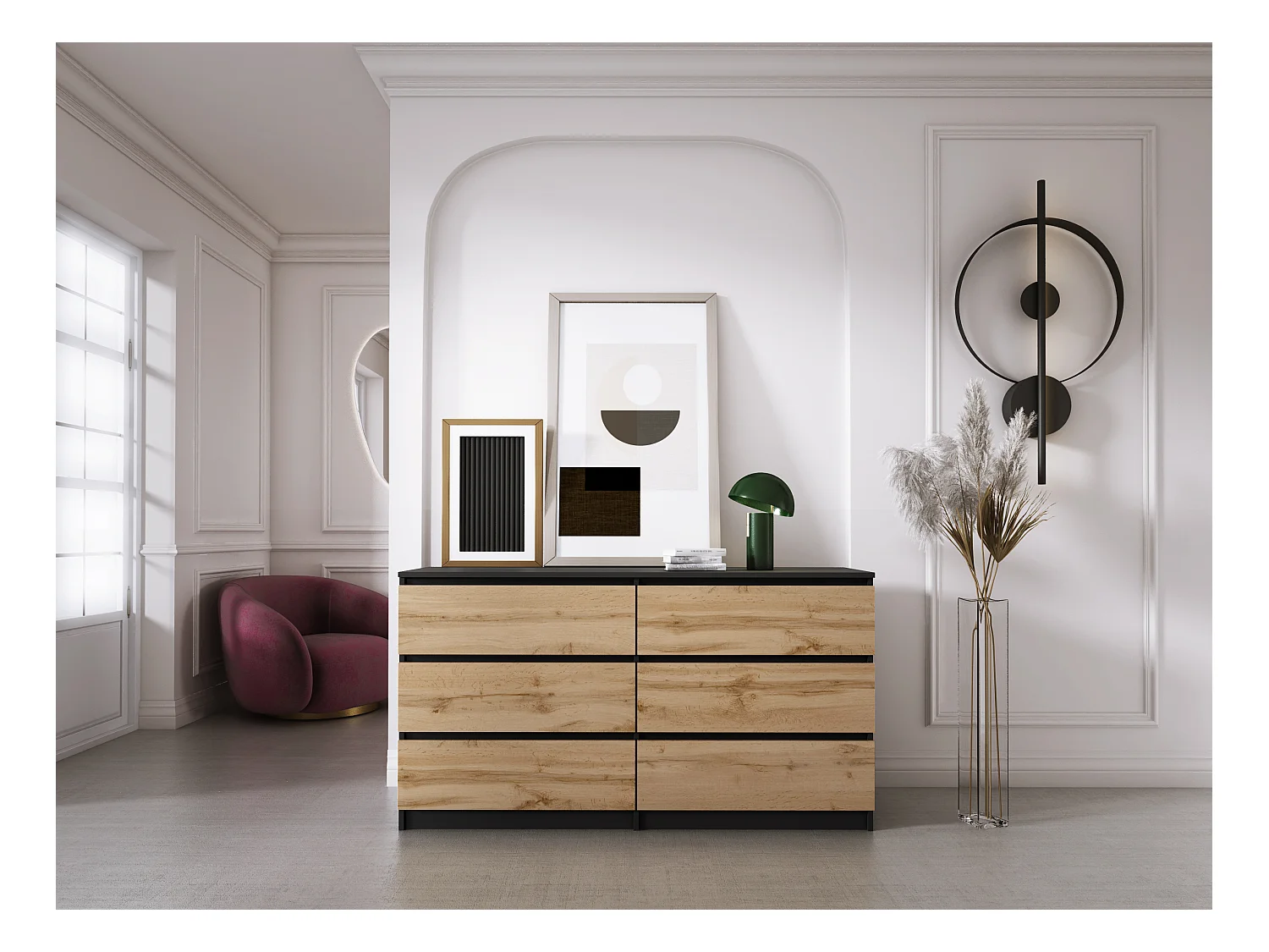 Kommode mit 6 Schubladen: Mattschwarz / Wotan-Eiche, 138 x 39 x 79 cm