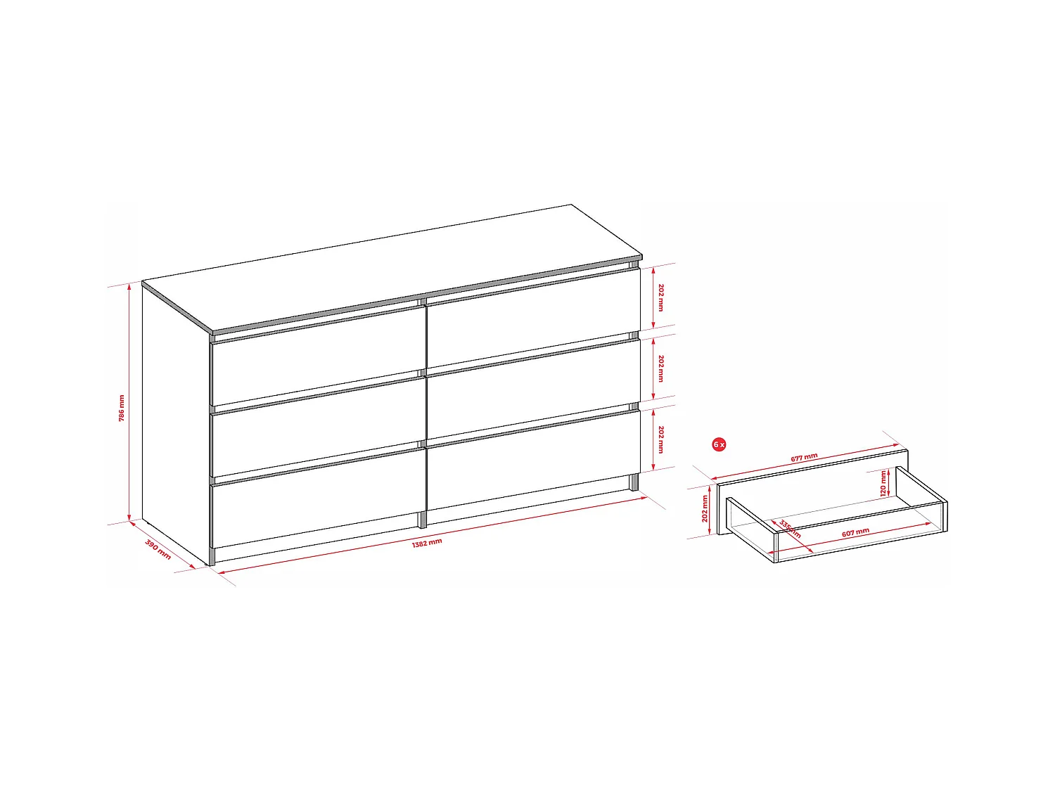 Kommode mit 6 Schubladen: Mattschwarz / Wotan-Eiche, 138 x 39 x 79 cm