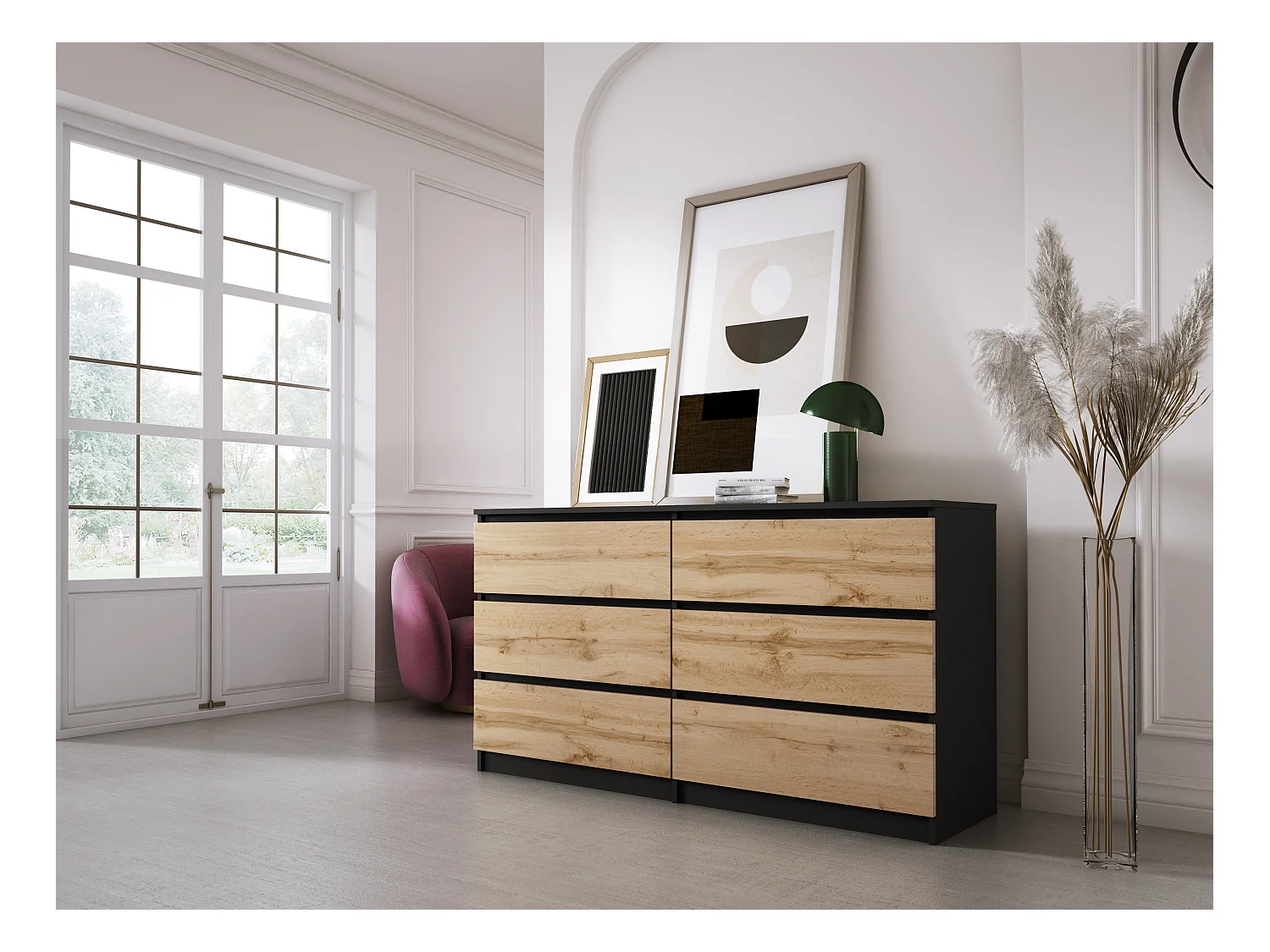 Commode 6 Tiroirs : Noir Mat / Chêne Wotan, 138 x 39 x 79 cm