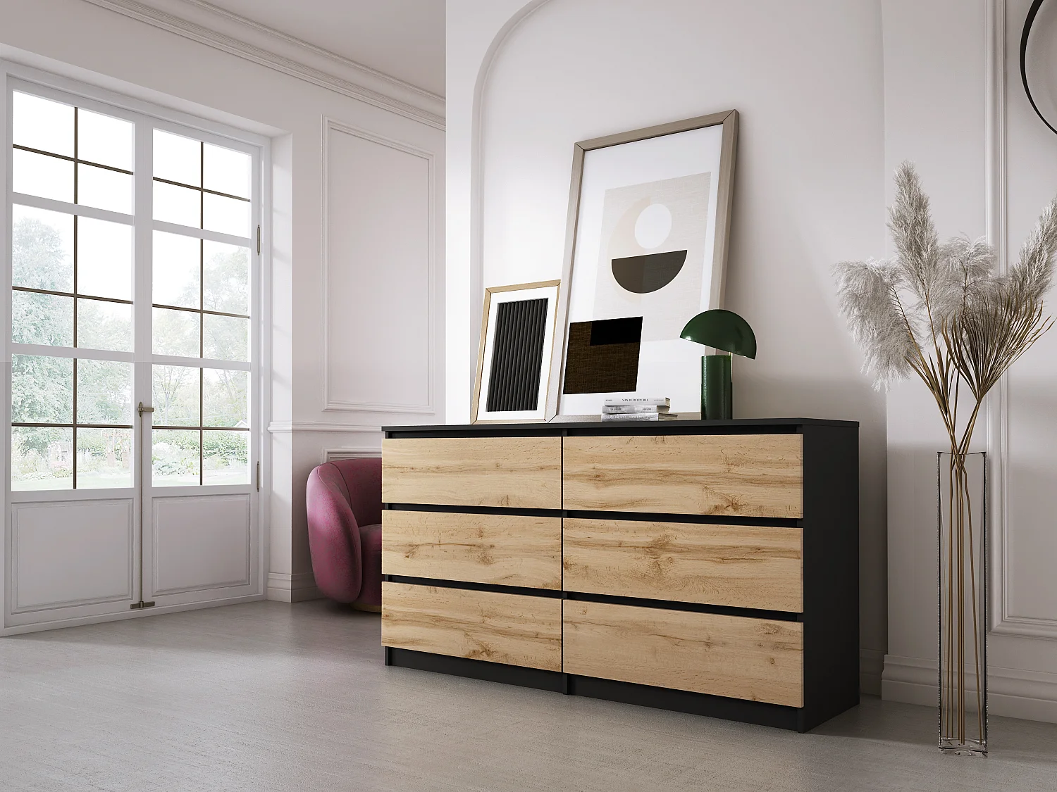 Commode 6 Tiroirs : Noir Mat / Chêne Wotan, 138 x 39 x 79 cm