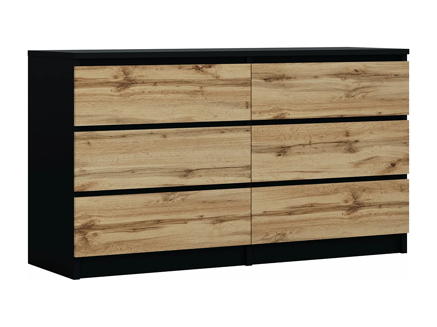 Commode 6 Tiroirs : Noir Mat / Chêne Wotan, 138 x 39 x 79 cm