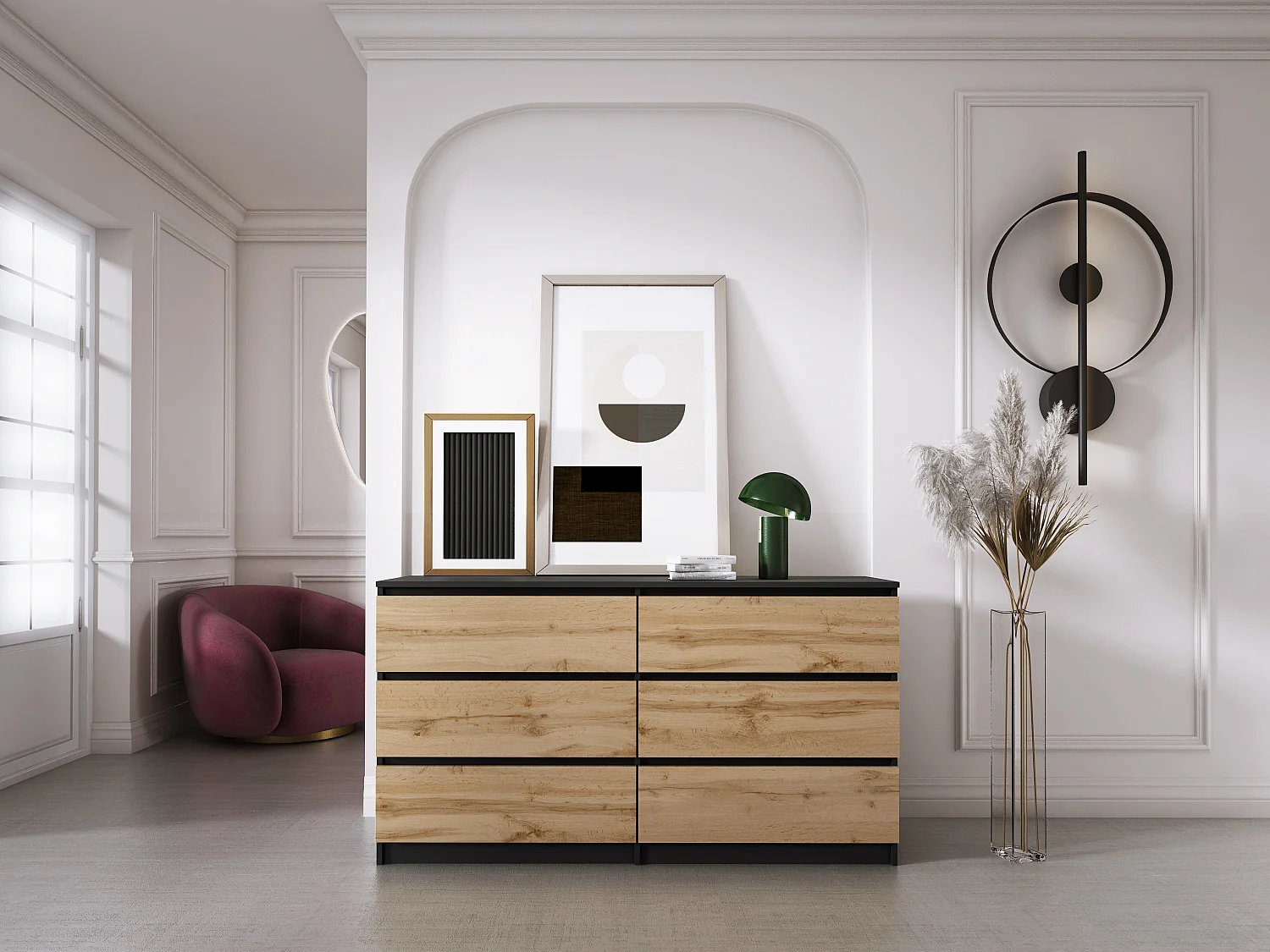 Commode 6 Tiroirs : Noir Mat / Chêne Wotan, 138 x 39 x 79 cm