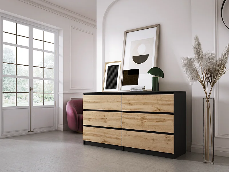 Commode 6 Tiroirs : Noir Mat / Chêne Wotan, 138 x 39 x 79 cm
