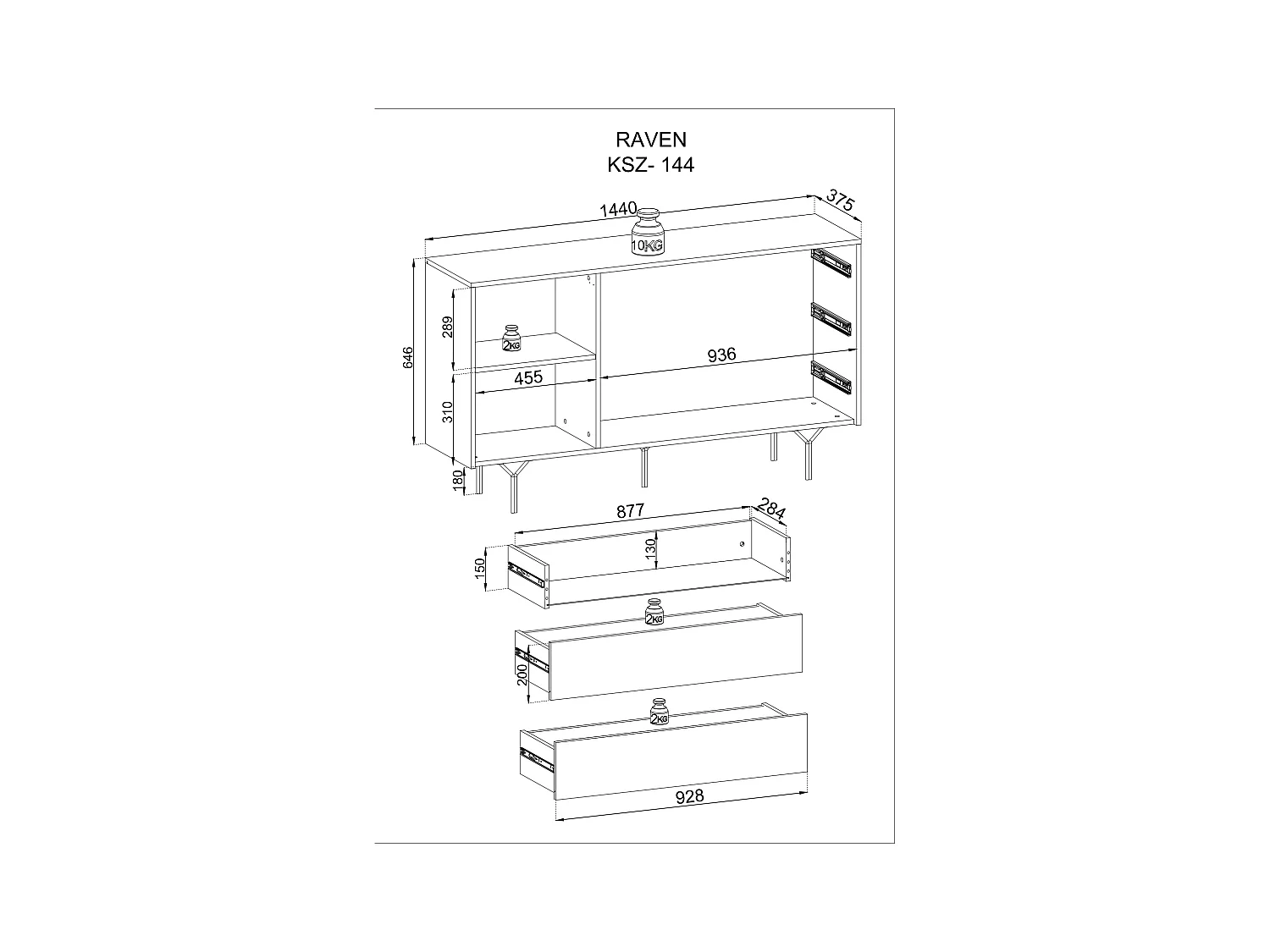 Kommode: 3 Schubladen, 1 Tür, 2 Einlegeböden, Graphitschwarz, 144 x 83 x 38 cm
