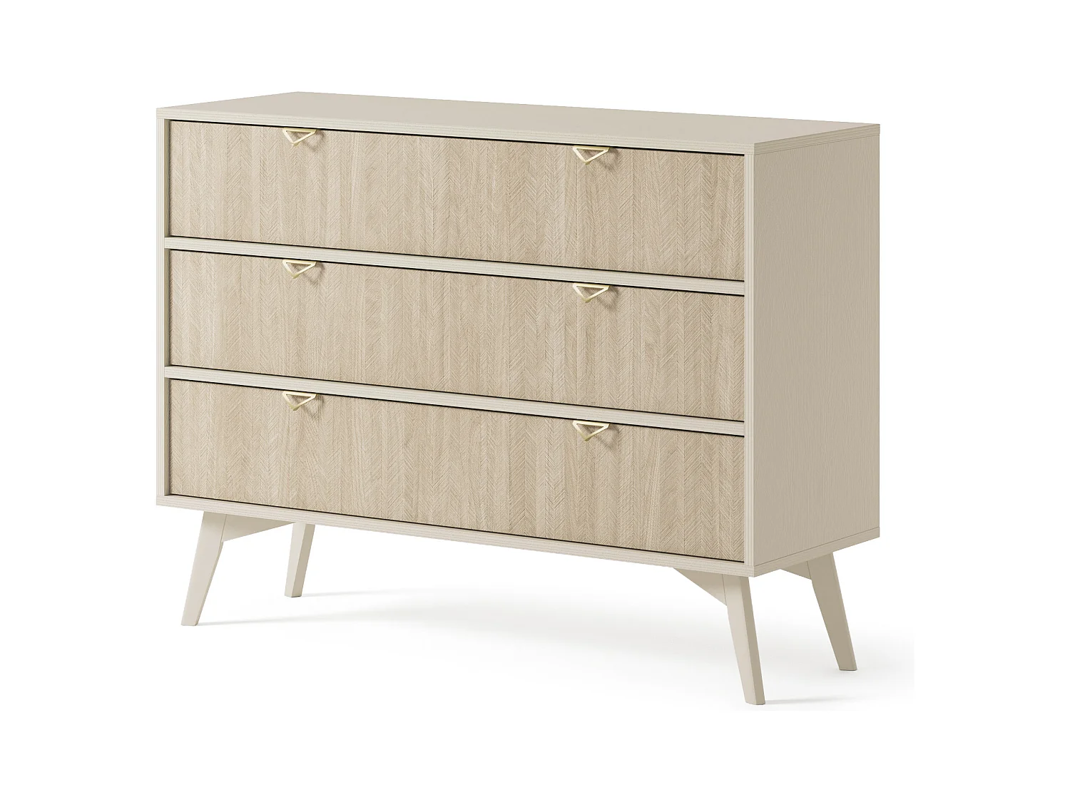 Cômoda: 3 Gavetas, Bege Areia / Espinha de Peixe Scandi, Pernas de Madeira, 106 x 80 x 38cm