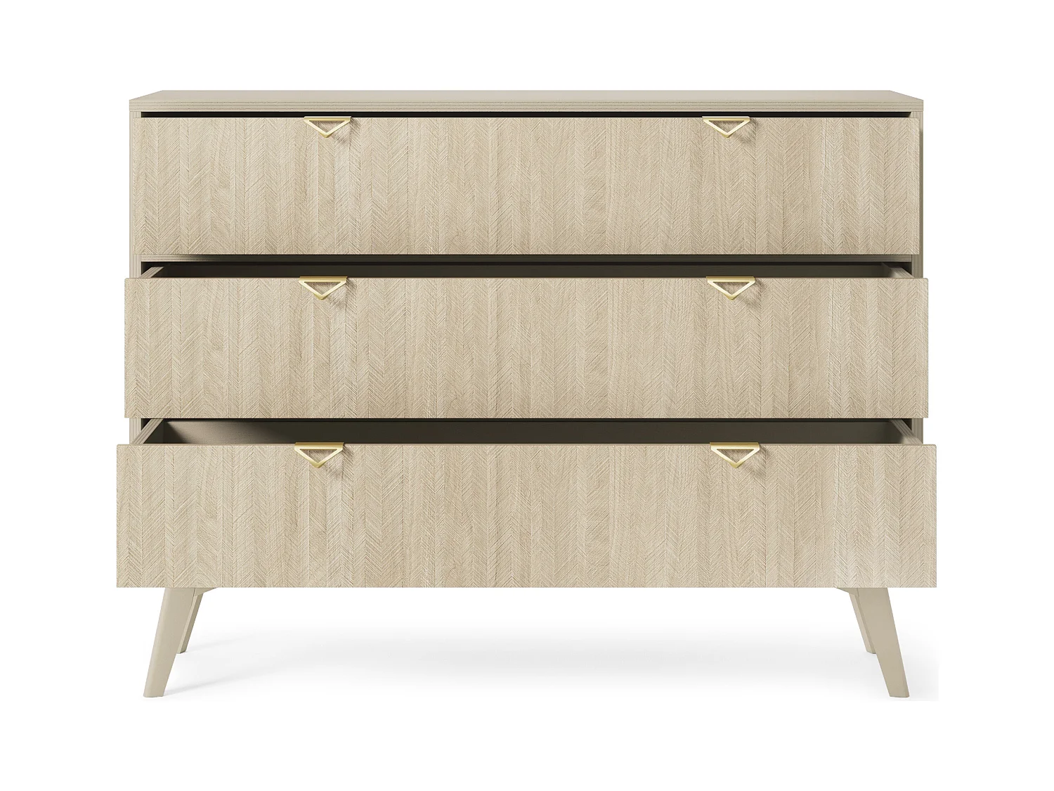 Cômoda: 3 Gavetas, Bege Areia / Espinha de Peixe Scandi, Pernas de Madeira, 106 x 80 x 38cm