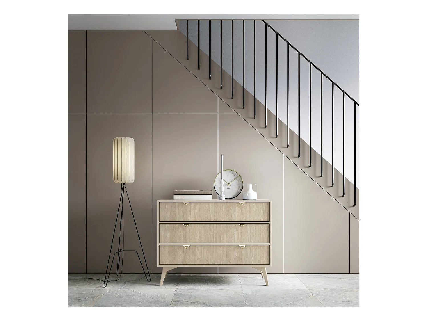 Cômoda: 3 Gavetas, Bege Areia / Espinha de Peixe Scandi, Pernas de Madeira, 106 x 80 x 38cm