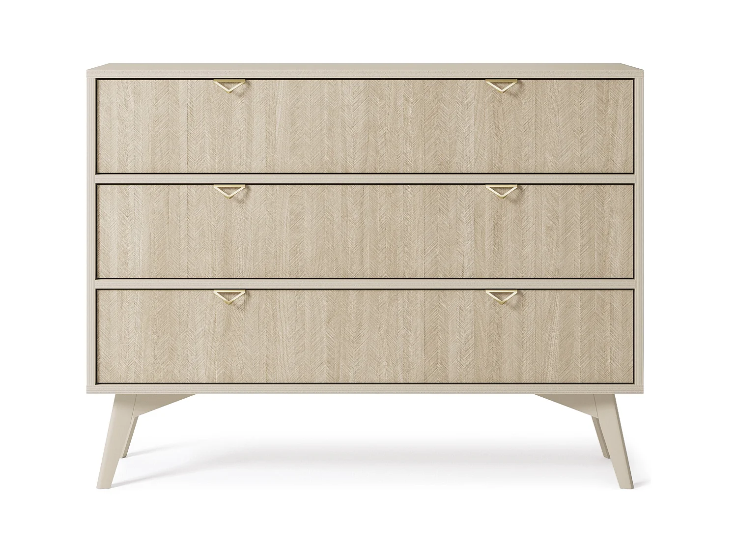 Commode : 3 Tiroirs, Beige Sable / Chevrons scandi, Pieds Bois, 106 x 80 x 38cm
