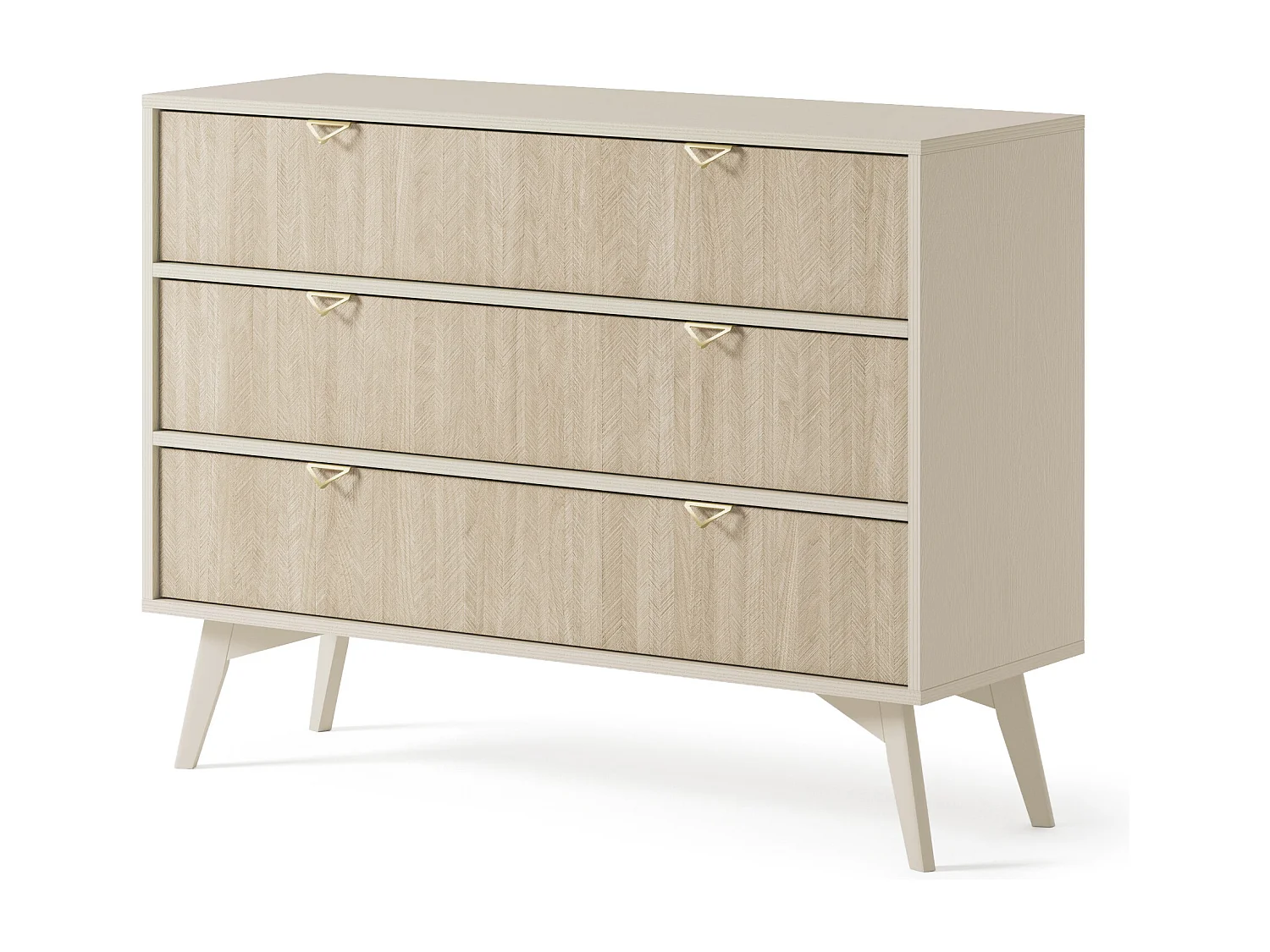 Commode : 3 Tiroirs, Beige Sable / Chevrons scandi, Pieds Bois, 106 x 80 x 38cm