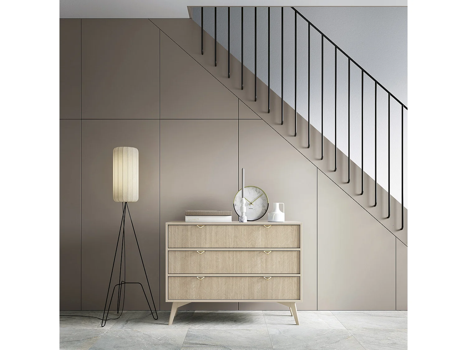 Commode : 3 Tiroirs, Beige Sable / Chevrons scandi, Pieds Bois, 106 x 80 x 38cm