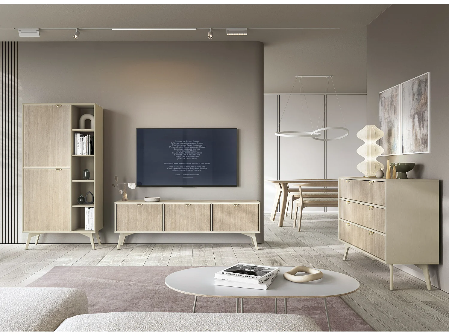 Commode : 3 Tiroirs, Beige Sable / Chevrons scandi, Pieds Bois, 106 x 80 x 38cm