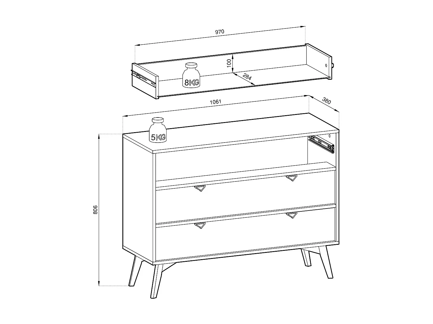Komoda: 3 szuflady, beż piaskowy / jodełka skandynawska, nogi drewniane, 106 x 80 x 38 cm