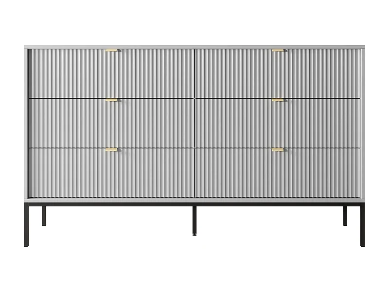 Ladekast: 6 lades, grijs, zwarte poten, 154 x 39 x 83 cm, gouden handgrepen
