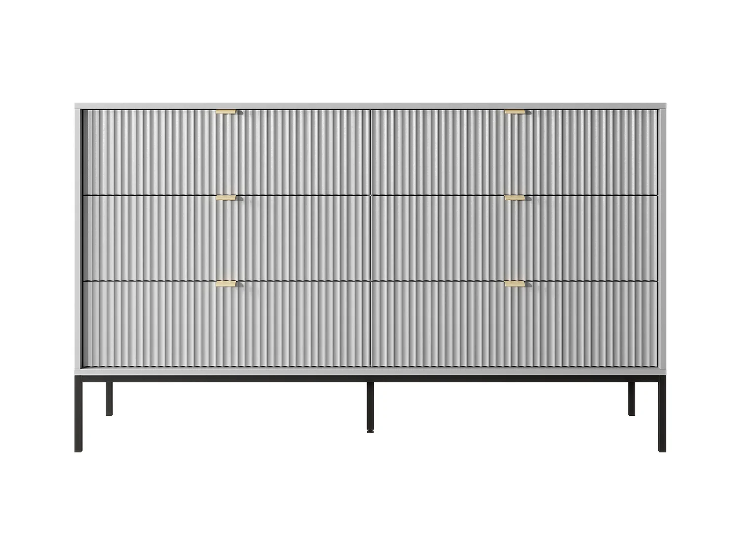 Komoda: 6 szuflad, szara, czarne nogi, 154 x 39 x 83 cm, złote uchwyty