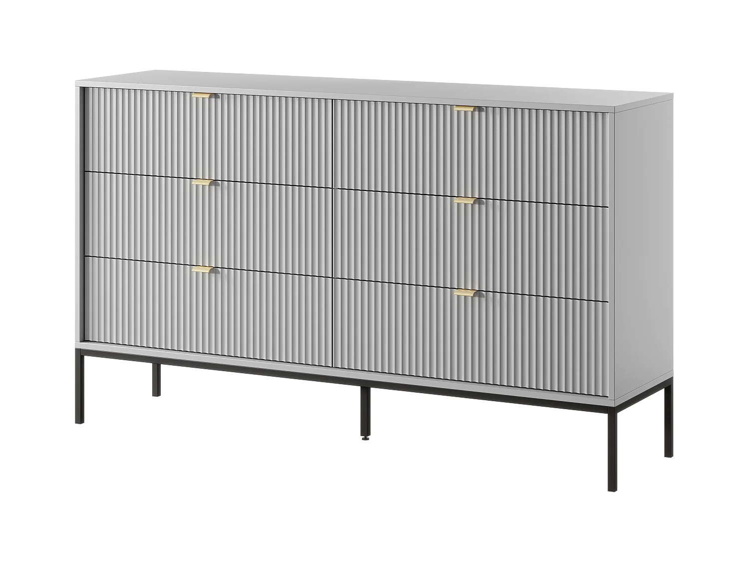 Komoda: 6 szuflad, szara, czarne nogi, 154 x 39 x 83 cm, złote uchwyty
