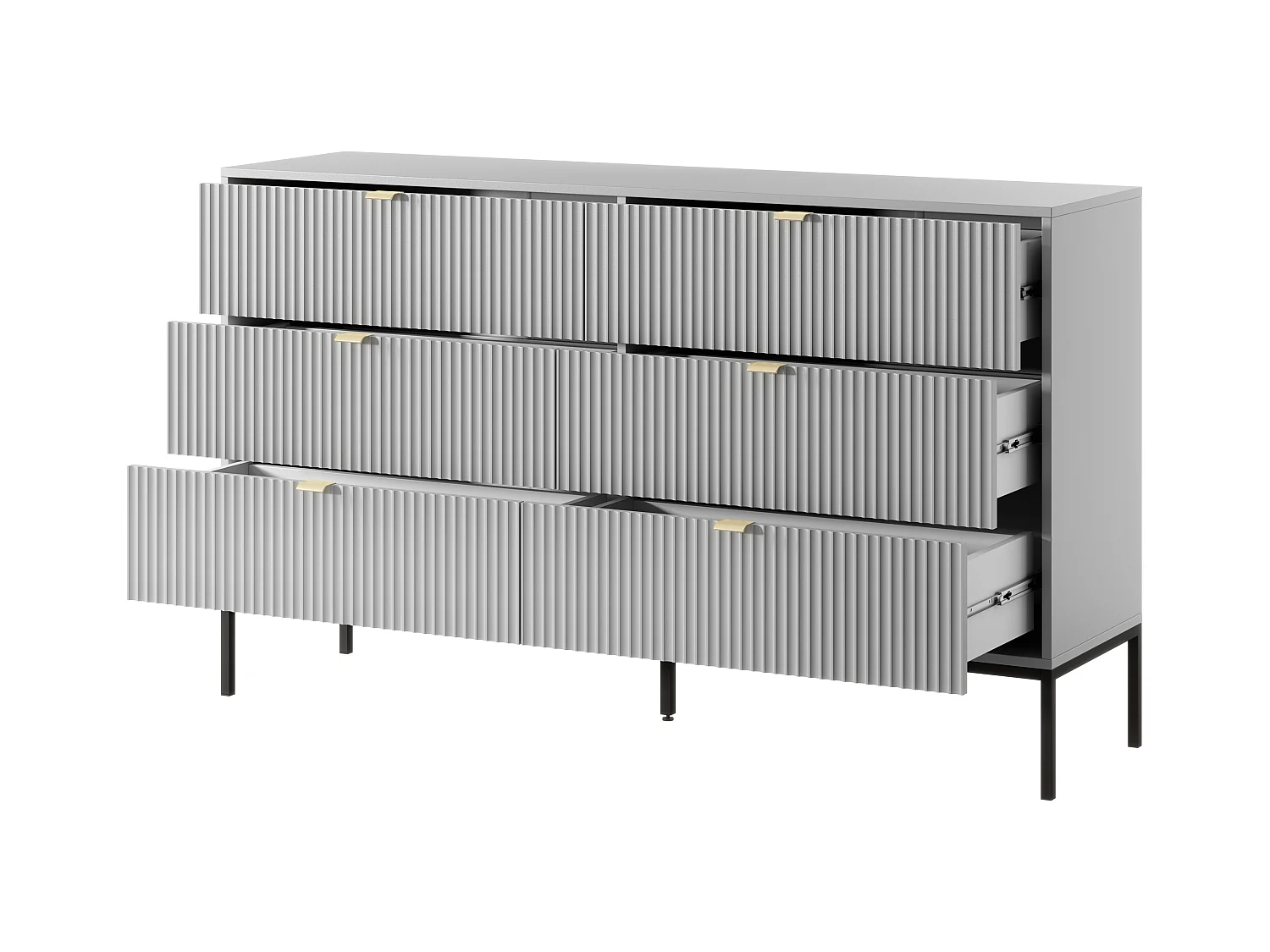 Komoda: 6 szuflad, szara, czarne nogi, 154 x 39 x 83 cm, złote uchwyty