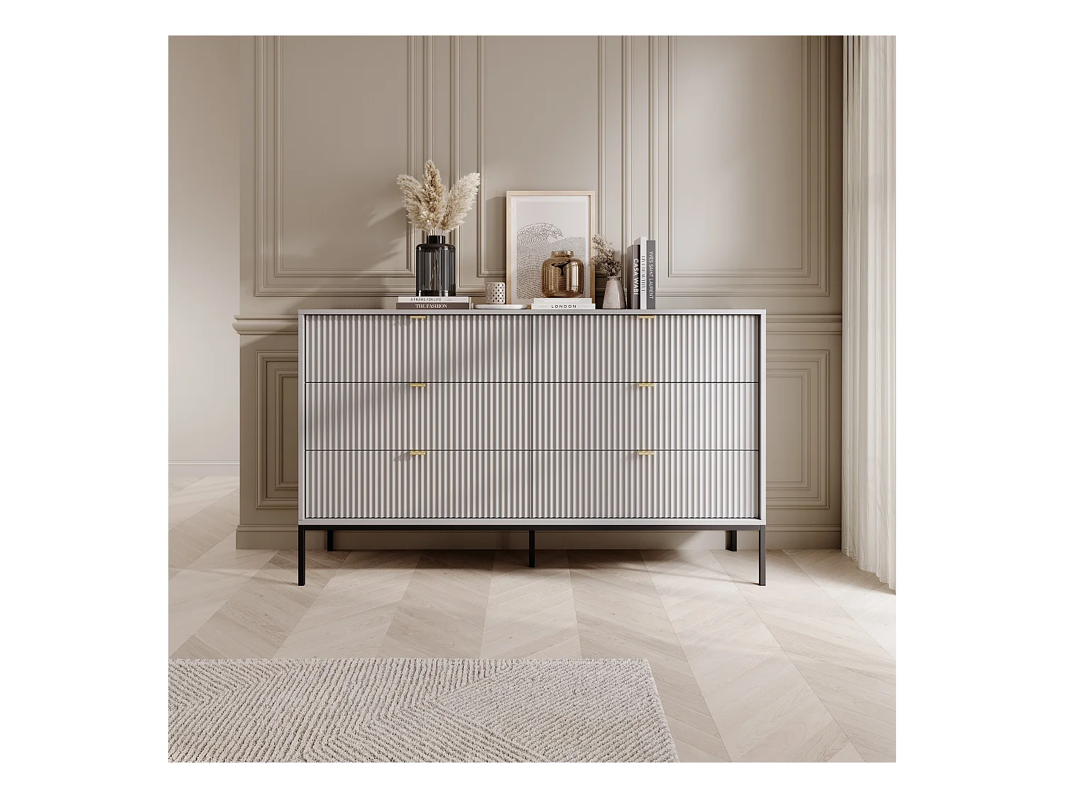 Komoda: 6 szuflad, szara, czarne nogi, 154 x 39 x 83 cm, złote uchwyty