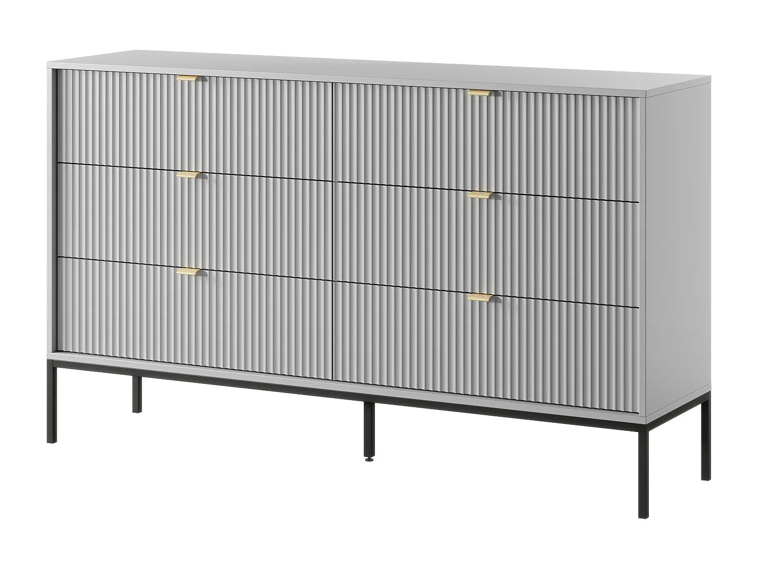 Commode : 6 Tiroirs, Gris, Pieds Noirs, 154 x 39 x 83 cm, poignées dorées