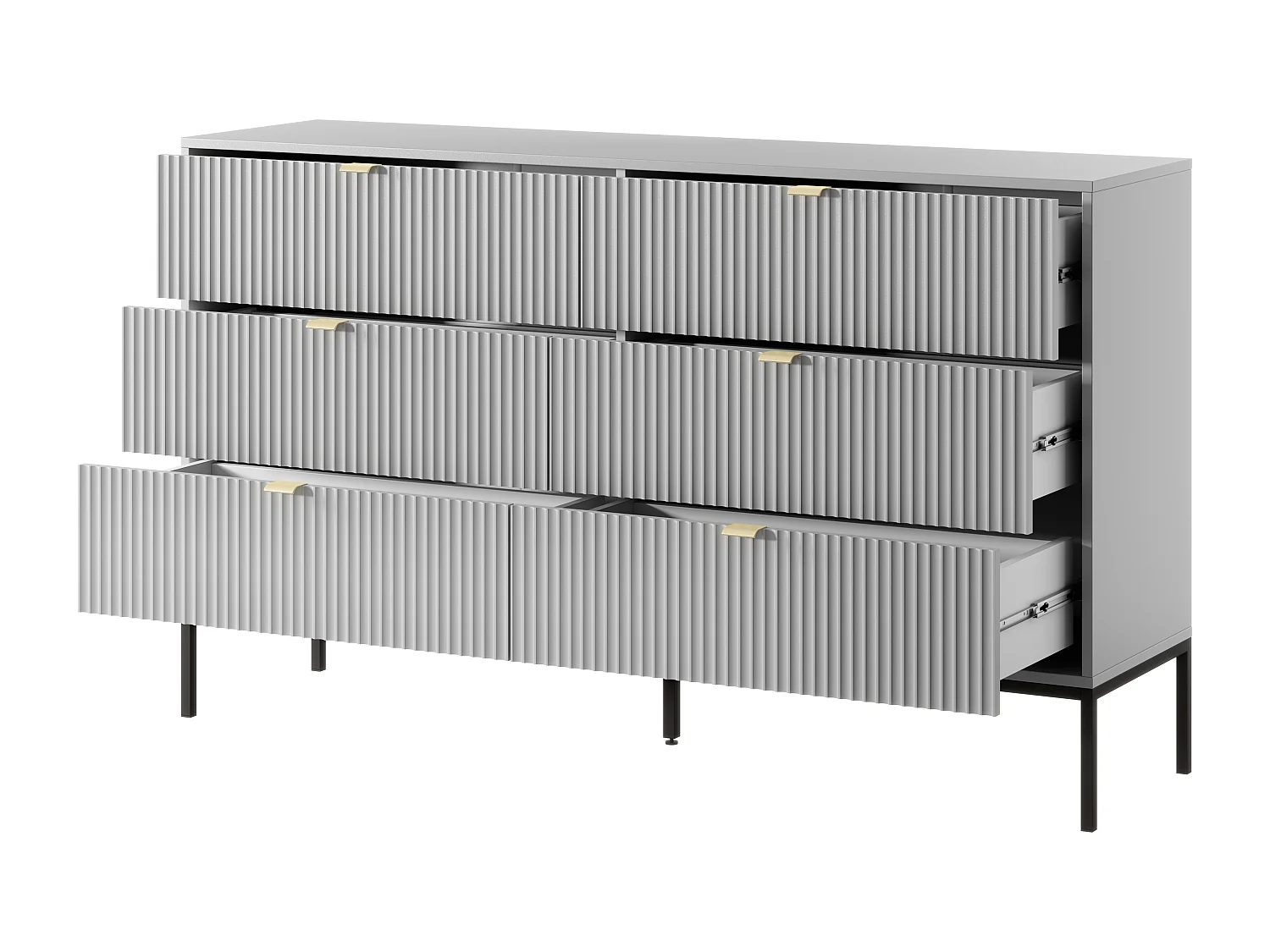 Commode : 6 Tiroirs, Gris, Pieds Noirs, 154 x 39 x 83 cm, poignées dorées