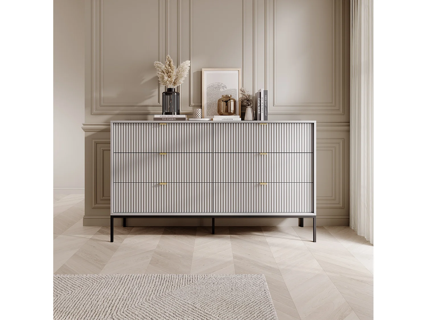 Commode : 6 Tiroirs, Gris, Pieds Noirs, 154 x 39 x 83 cm, poignées dorées