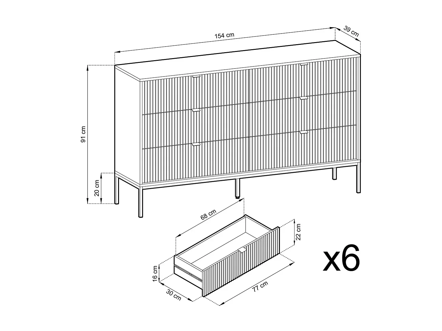 Commode : 6 Tiroirs, Gris, Pieds Noirs, 154 x 39 x 83 cm, poignées dorées