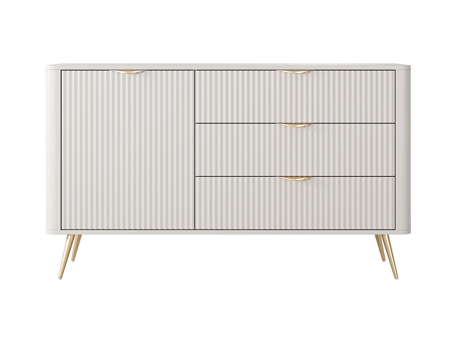 Komoda: 3 szuflady, 1 drzwi, kaszmir, złote nóżki, 138,2 x 81,2 x 38 cm