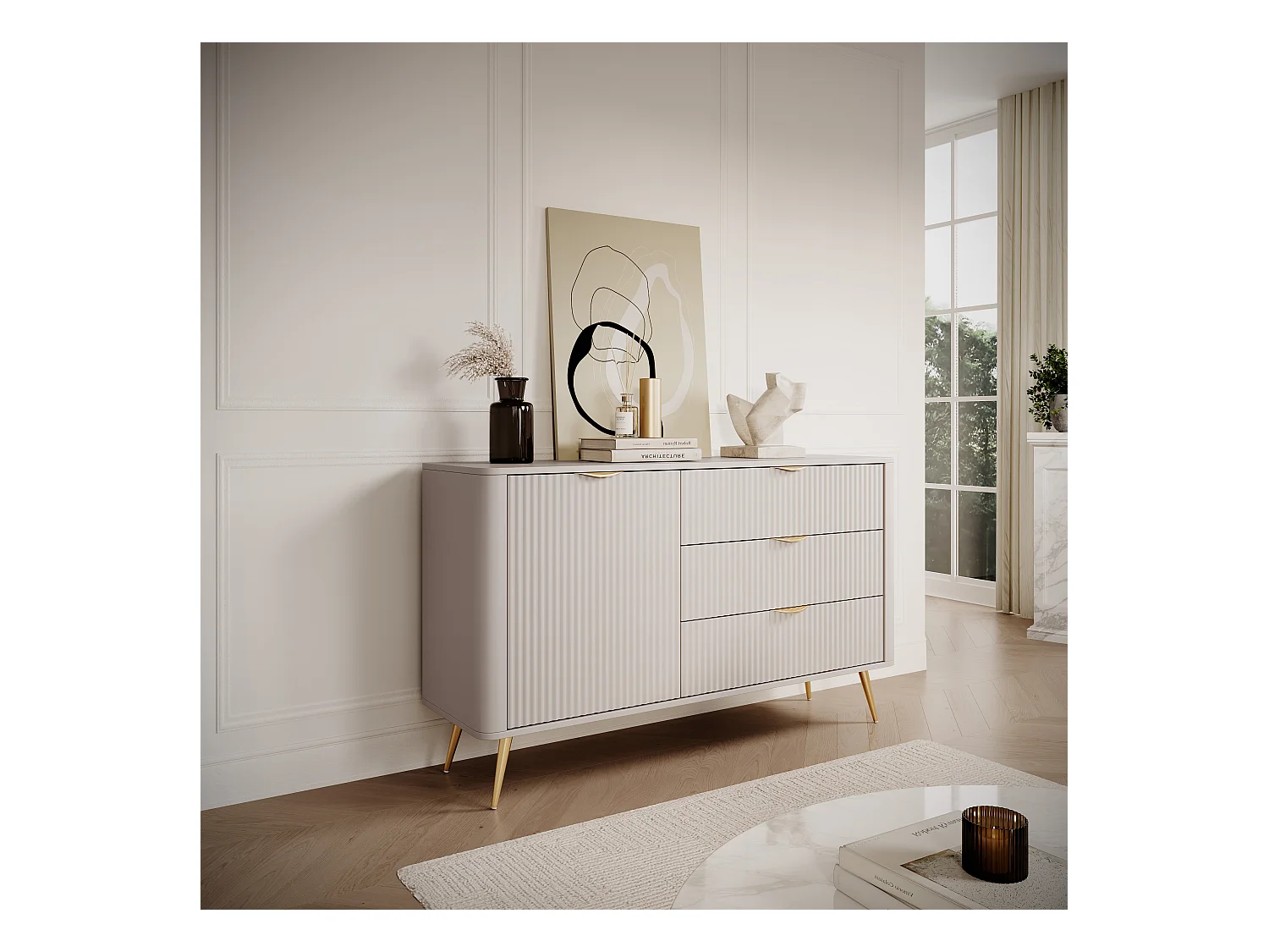 Komoda: 3 szuflady, 1 drzwi, kaszmir, złote nóżki, 138,2 x 81,2 x 38 cm