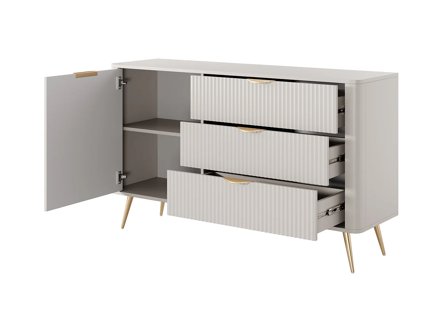 Commode : 3 Tiroirs, 1 Porte, Cachemire, Pieds Dorés, 138,2 X 81,2 X 38cm