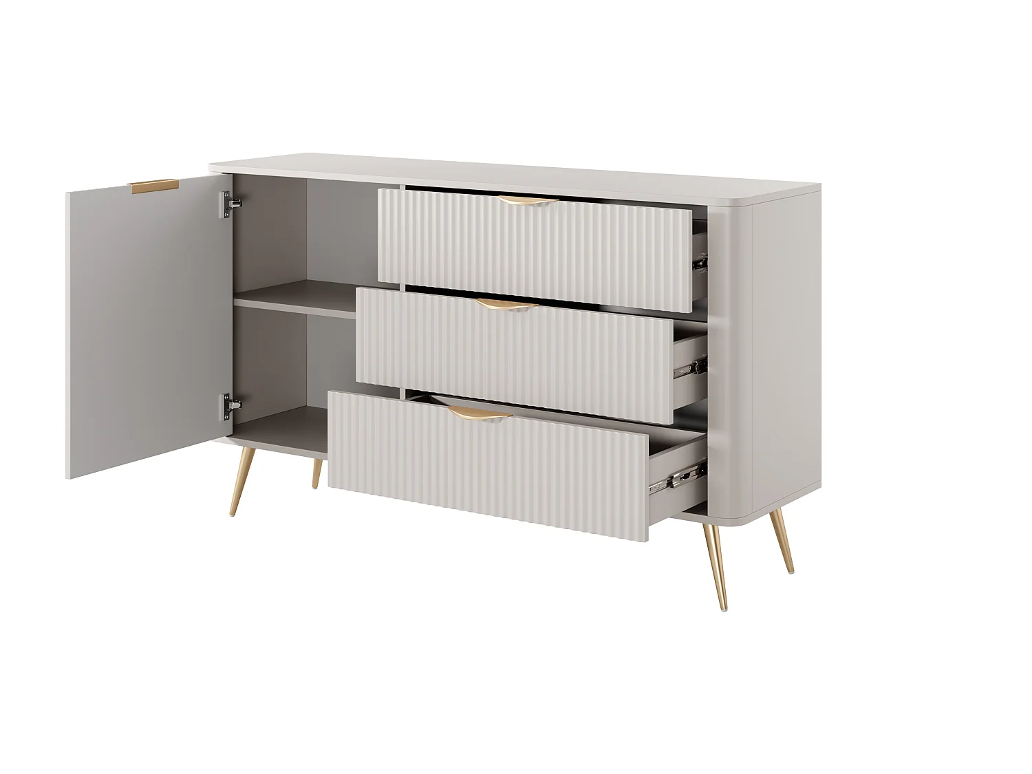 Commode : 3 Tiroirs, 1 Porte, Beige, 138,2 x 38 x 81,2 cm